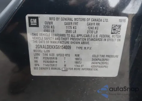 2016 Chevrolet Equinox Ltz из США, поврежденный, VIN 2GNALDEKXG6154009